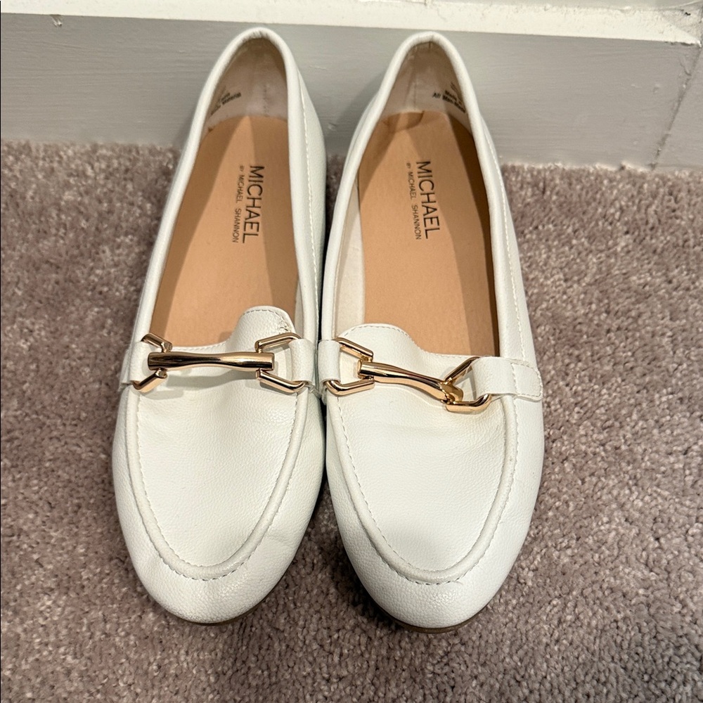 Women’s White Leather Loafers with Gold Accent